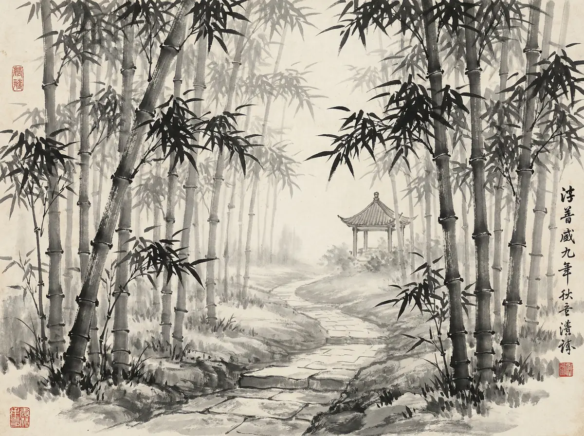 澳门资料金沙国际竹林小径水墨画展示宁静禅意