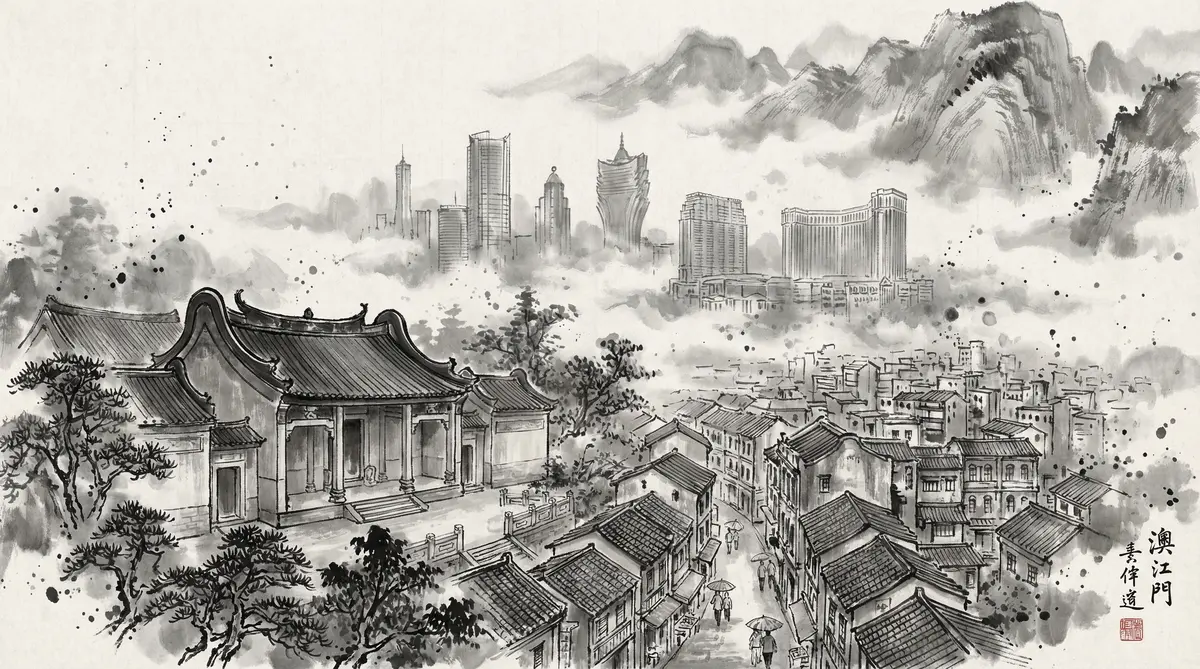 澳门资料水墨国风全景画卷展现澳门古老街巷与现代酒店建筑群