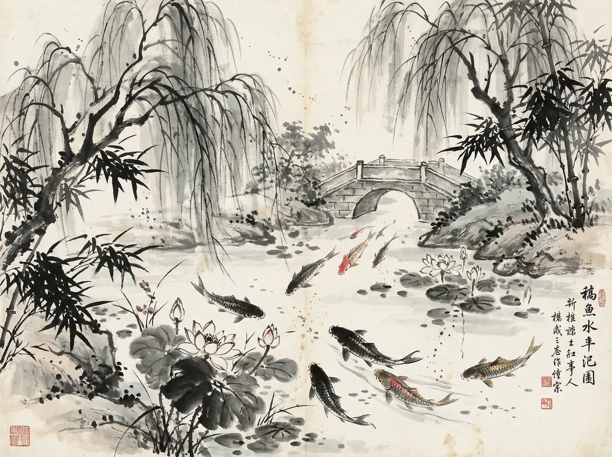 澳门资料金沙国际锦鲤池水墨画展示东方园林元素