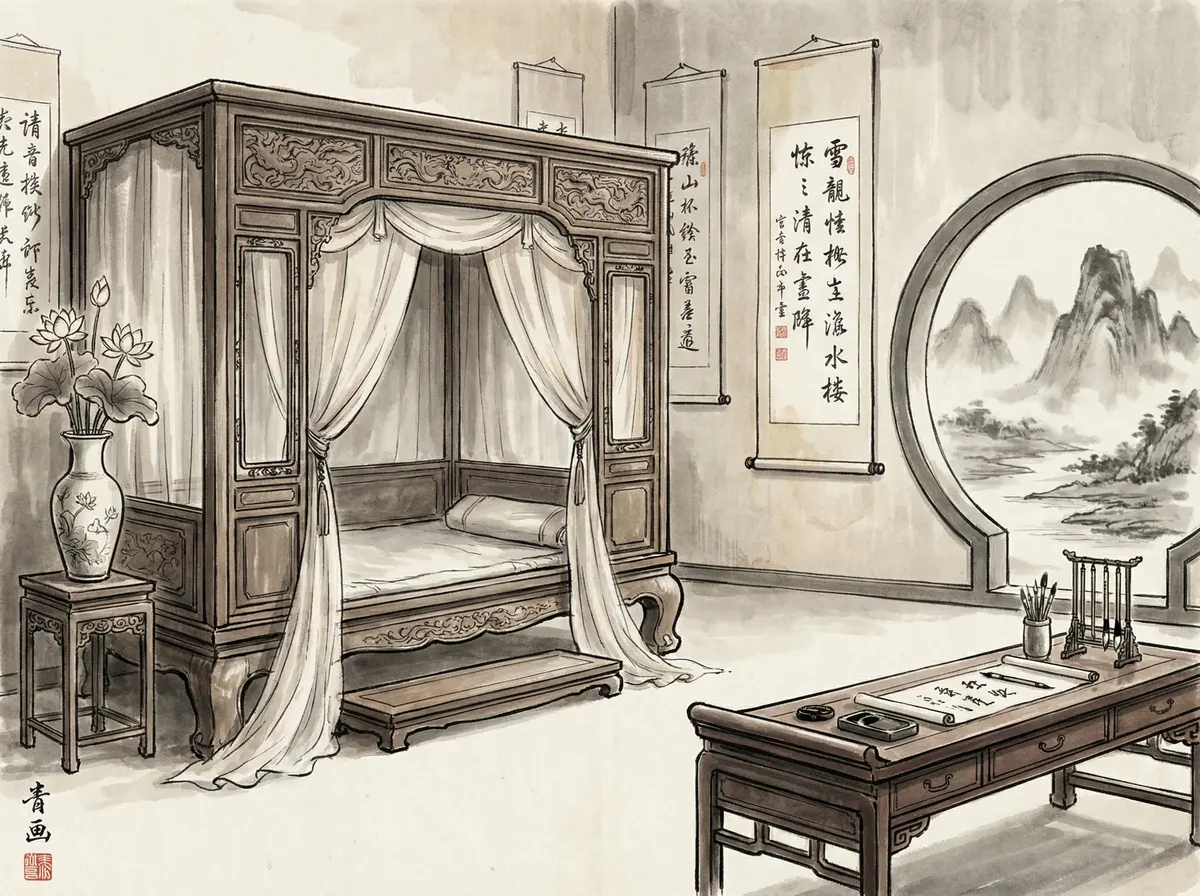 澳门资料水墨主题豪华客房内景展示红木家具与书法挂轴